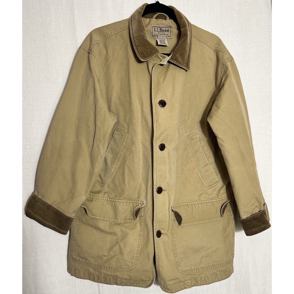 VTG LL Bean Men's Barn Jacket Sz M Tan Canvas Chore Field Coat Corduroy Trim